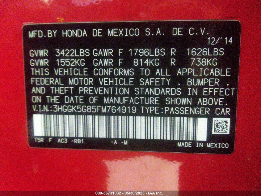 2015 HONDA FIT EX - 3HGGK5G85FM764919