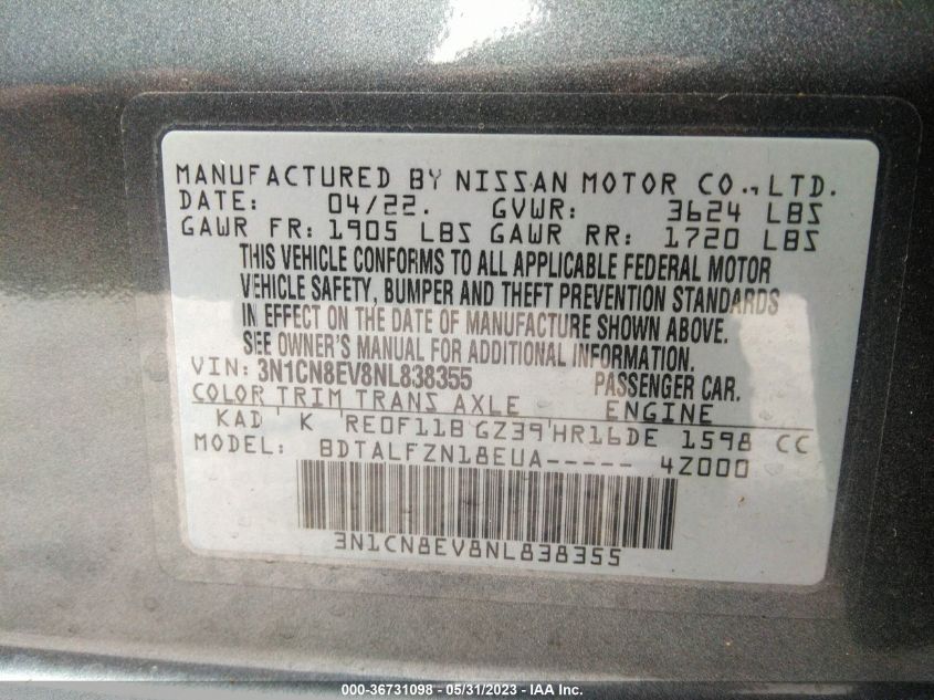 2022 NISSAN VERSA SV - 3N1CN8EV8NL838355