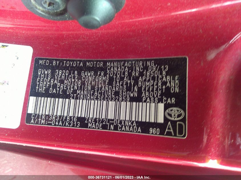 2014 TOYOTA COROLLA L/LE/S/S PLUS/LE PLUS - 2T1BURHE5EC032859
