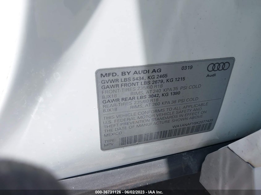 VIN WA1ANAFY8K2077435 2019 AUDI Q5 PREMIUM