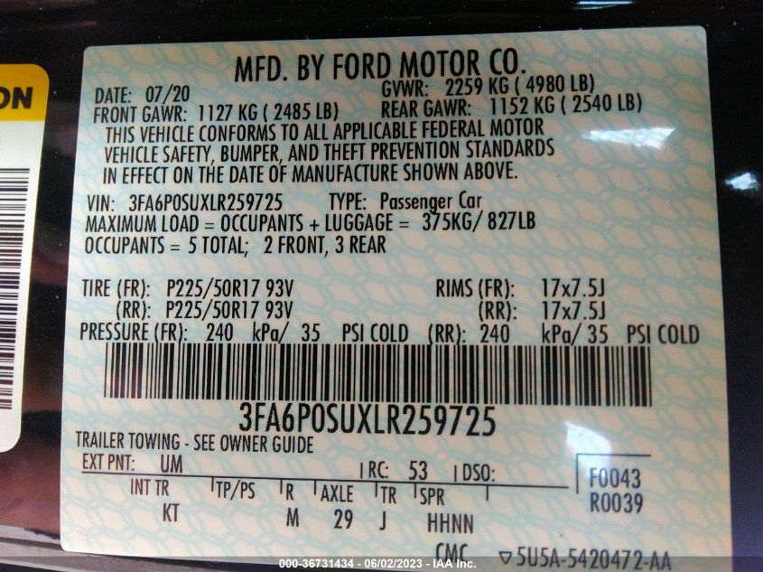 2020 FORD FUSION ENERGI TITANIUM - 3FA6P0SUXLR259725