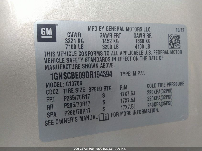 2013 CHEVROLET TAHOE LT - 1GNSCBE09DR194394