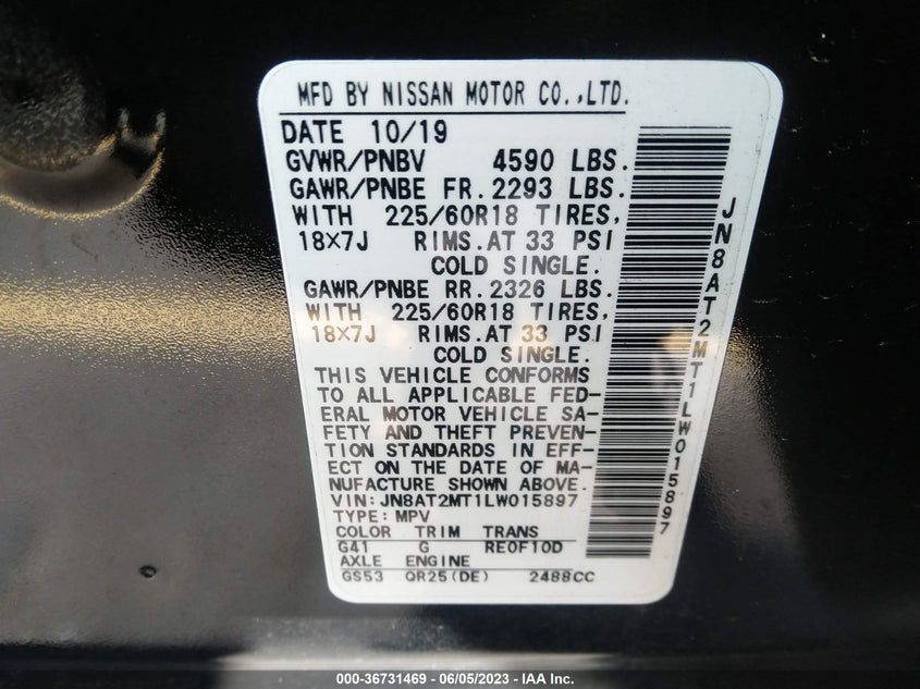 VIN JN8AT2MT1LW015897 2020 NISSAN ROGUE SV