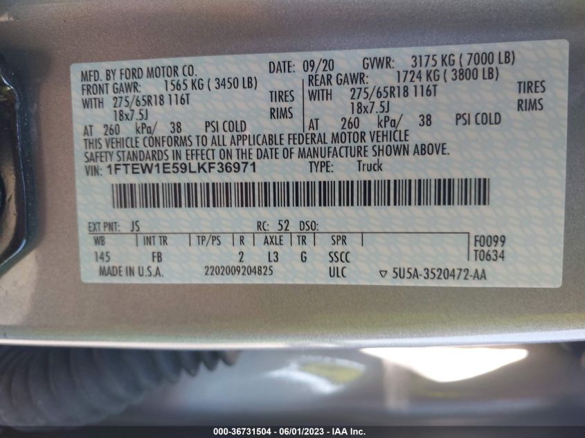 2020 FORD F-150 XL/XLT/LARIAT - 1FTEW1E59LKF36971