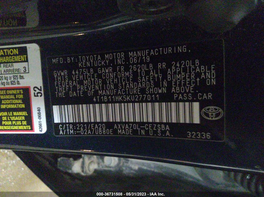 2019 TOYOTA CAMRY LE/SE/XLE/L - 4T1B11HK5KU277011