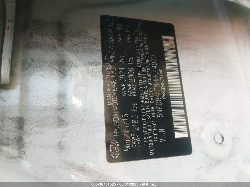 VIN 5NPD84LF8HH044070 2017 HYUNDAI ELANTRA SE