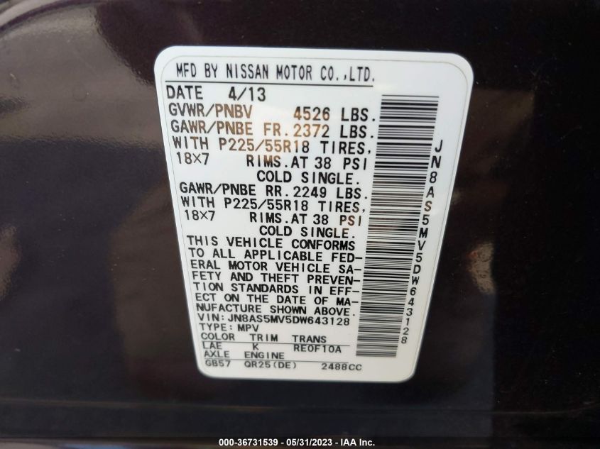 2013 NISSAN ROGUE SL - JN8AS5MV5DW643128