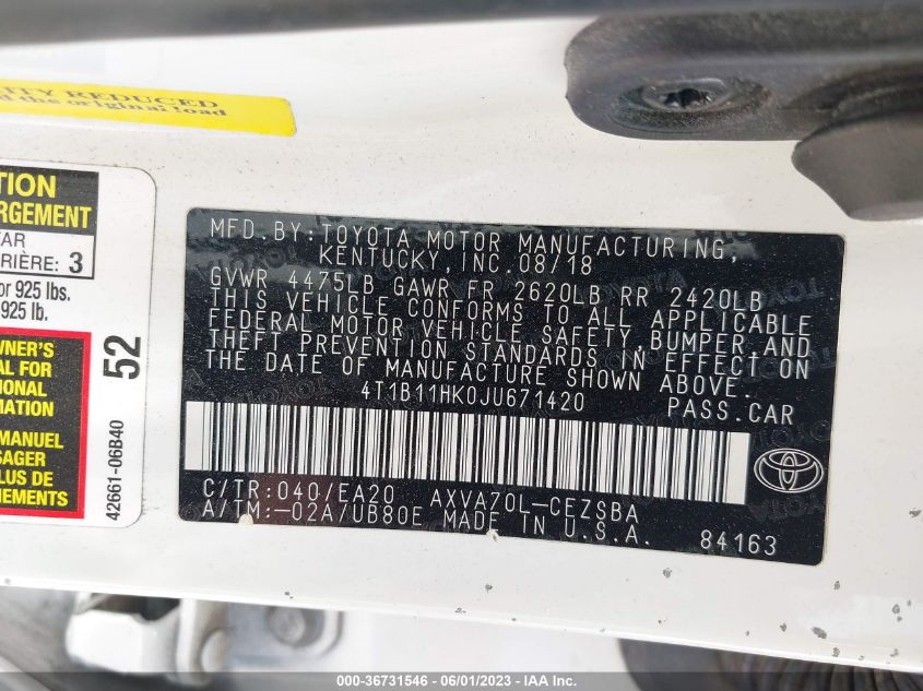 2018 TOYOTA CAMRY LE/SE/XLE/L - 4T1B11HK0JU671420