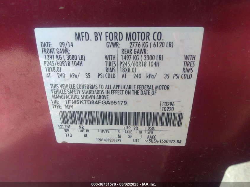 2015 FORD EXPLORER XLT - 1FM5K7D84FGA95179