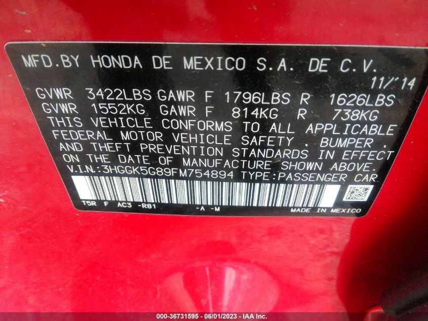 2015 HONDA FIT EX - 3HGGK5G89FM754894