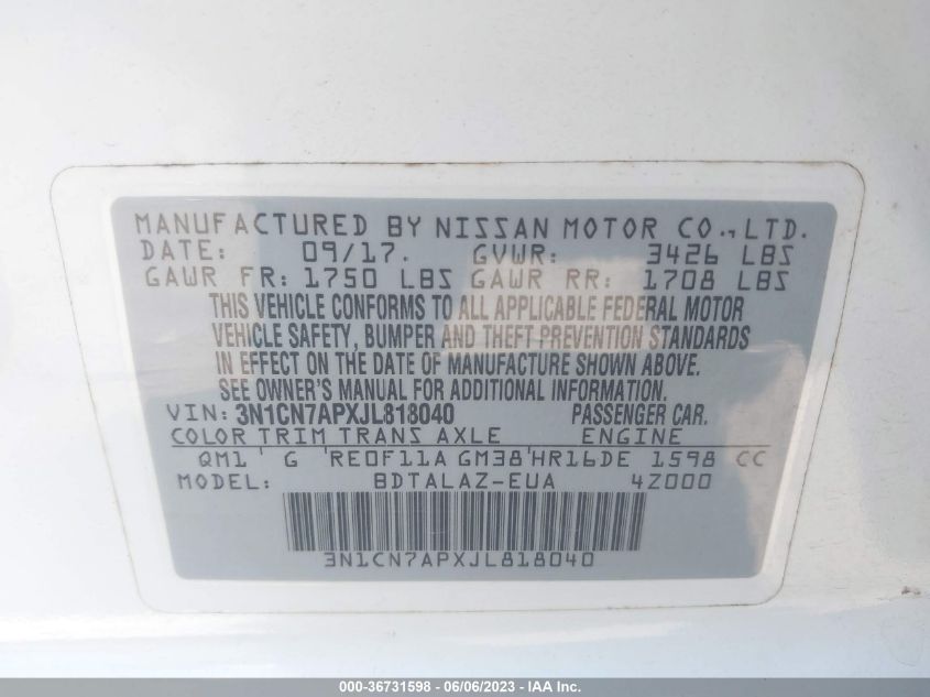 2018 NISSAN VERSA SEDAN S PLUS - 3N1CN7APXJL818040