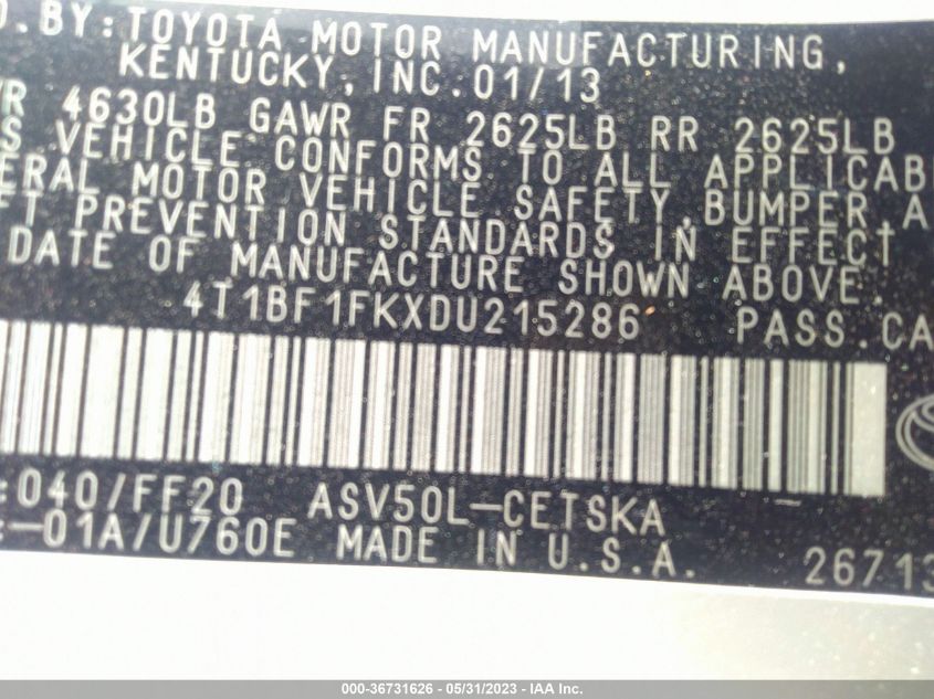 2013 TOYOTA CAMRY L/LE/SE/XLE - 4T1BF1FKXDU215286