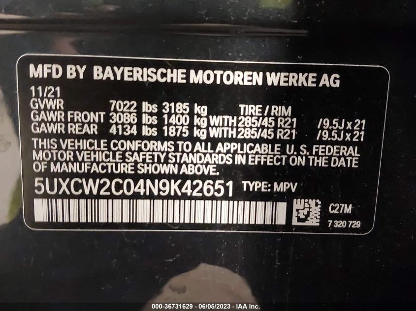 2022 BMW X7 XDRIVE40I 5UXCW2C04N9K42651