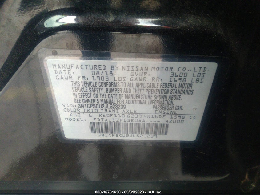 VIN 3N1CP5CU2JL523239 2018 NISSAN KICKS SV