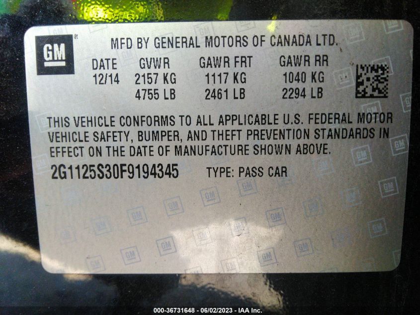 2015 CHEVROLET IMPALA LT - 2G1125S30F9194345