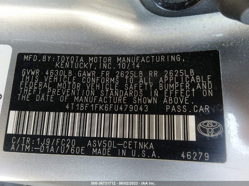 2015 TOYOTA CAMRY XLE/SE/LE/XSE - 4T1BF1FK6FU479043