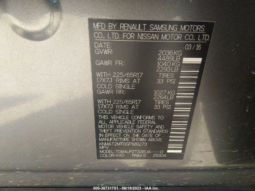 2016 NISSAN ROGUE SV/SL/S - KNMAT2MT0GP681273