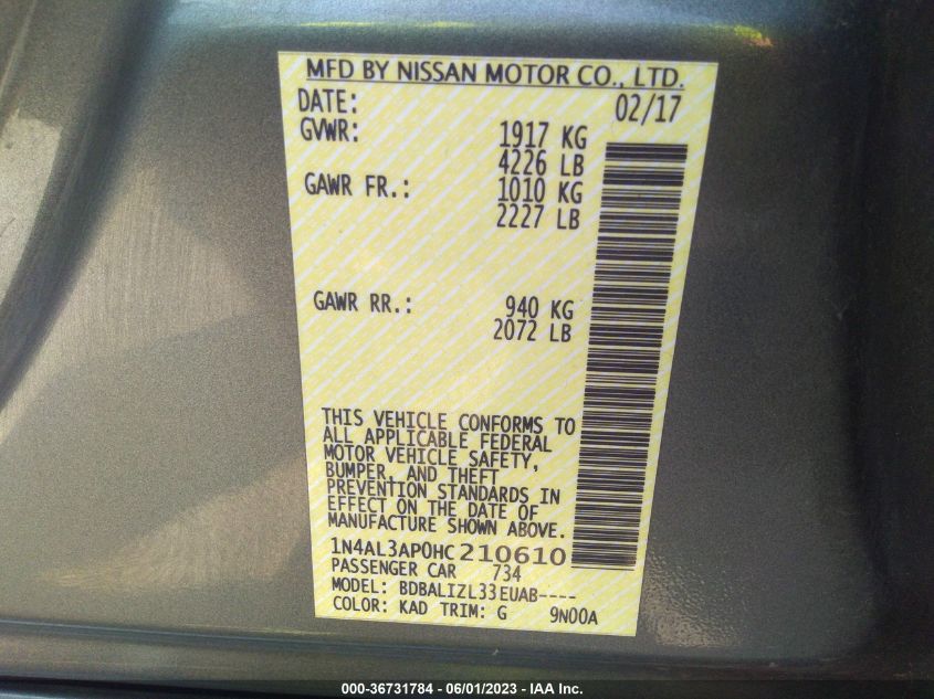2017 NISSAN ALTIMA 2.5 SV - 1N4AL3AP0HC210610