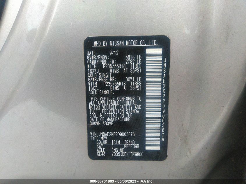 2013 NISSAN QUEST SL - JN8AE2KP2D9063876