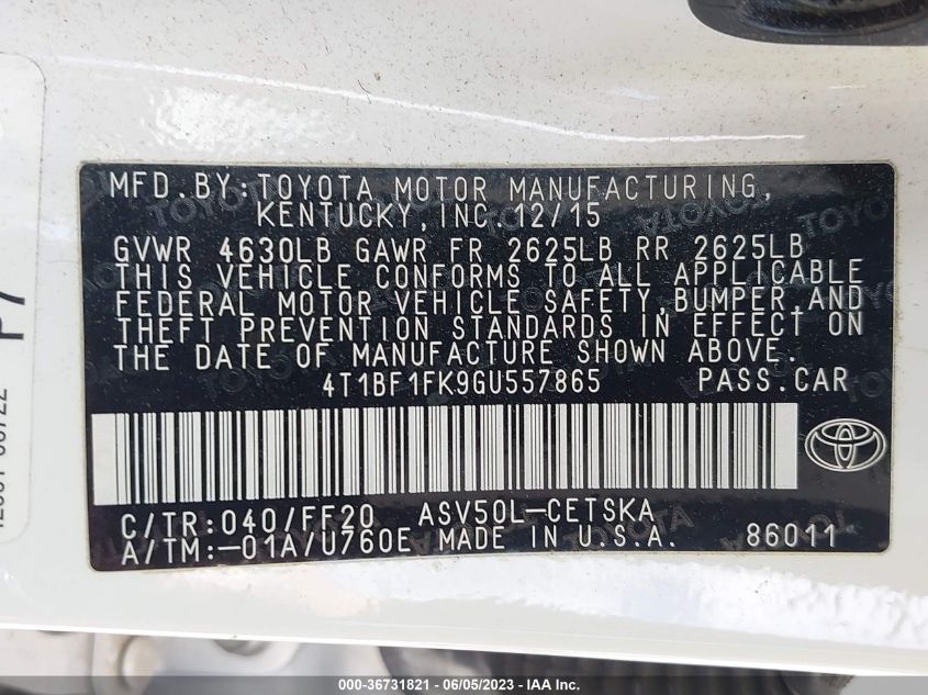 2016 TOYOTA CAMRY LE/XLE/SE/XSE - 4T1BF1FK9GU557865