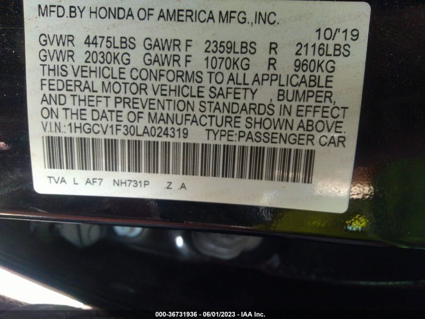 2020 HONDA ACCORD SEDAN SPORT - 1HGCV1F30LA024319