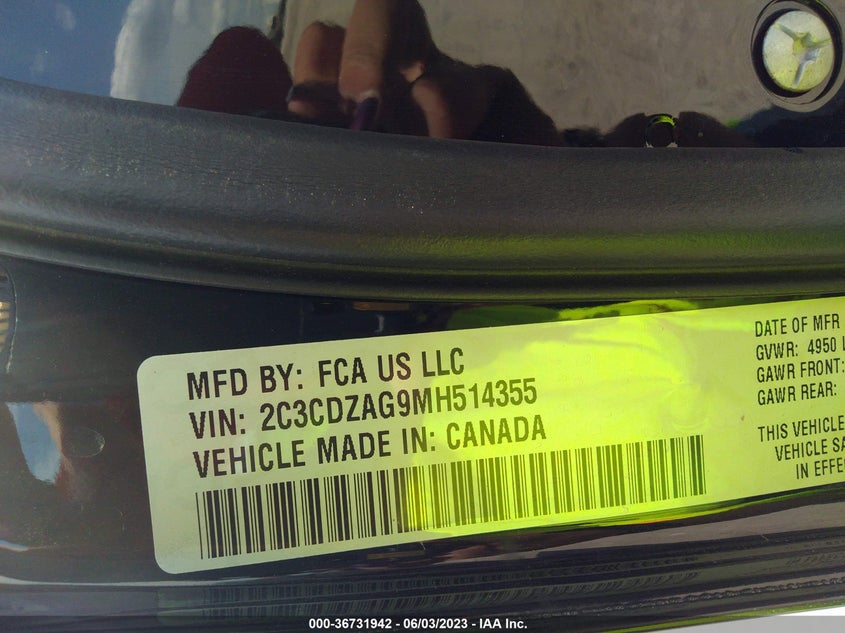 VIN 2C3CDZAG9MH514355 2021 DODGE CHALLENGER SXT