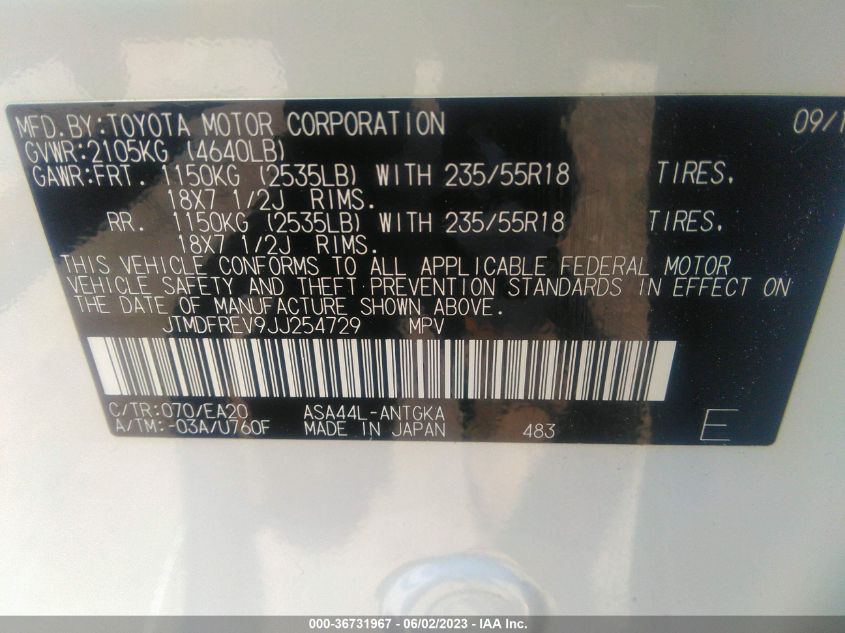 2018 TOYOTA RAV4 LIMITED/PLATINUM - JTMDFREV9JJ254729