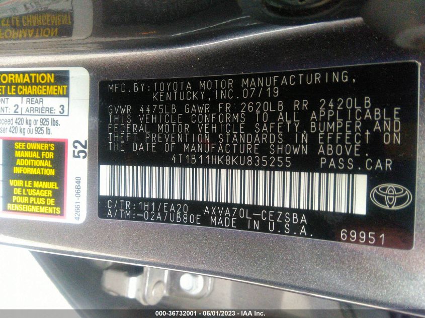 2019 TOYOTA CAMRY LE/SE/XLE/L - 4T1B11HK8KU835255
