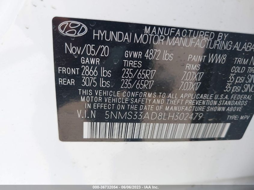 2020 HYUNDAI SANTA FE SEL W/SULEV - 5NMS33AD8LH302479