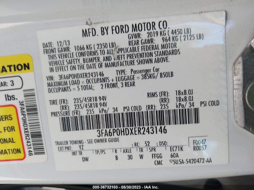 2014 FORD FUSION SE - 3FA6P0HDXER243146