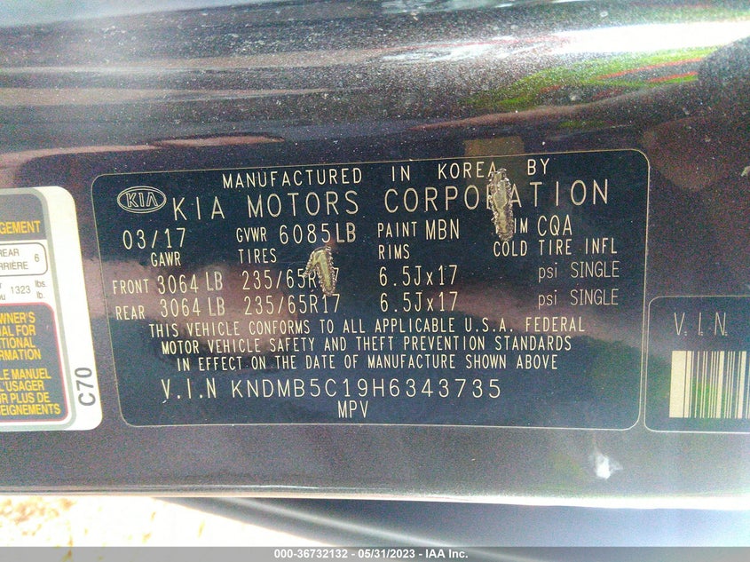VIN KNDMB5C19H6343735 2017 KIA SEDONA LX