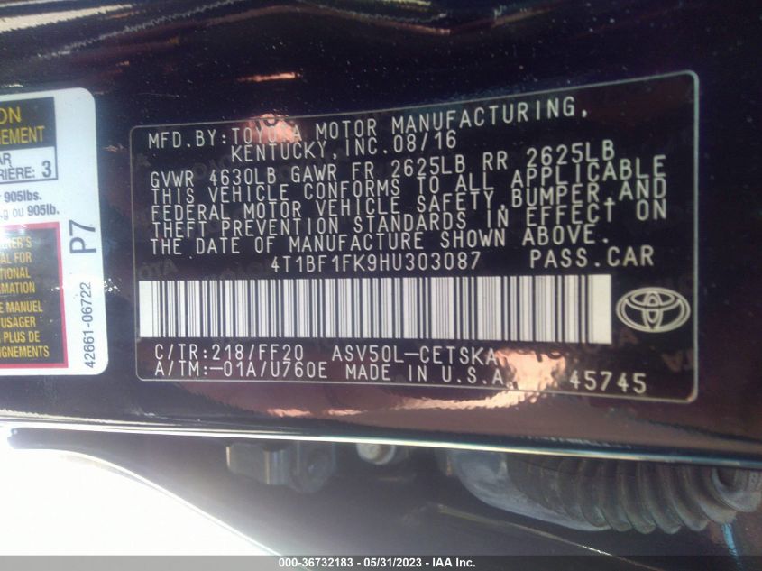 2017 TOYOTA CAMRY XLE/SE/LE/XSE - 4T1BF1FK9HU303087