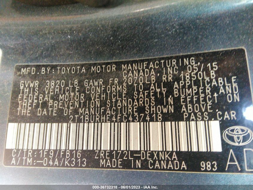 2015 TOYOTA COROLLA L/LE/S/S PLUS/LE PLUS - 2T1BURHE4FC437418