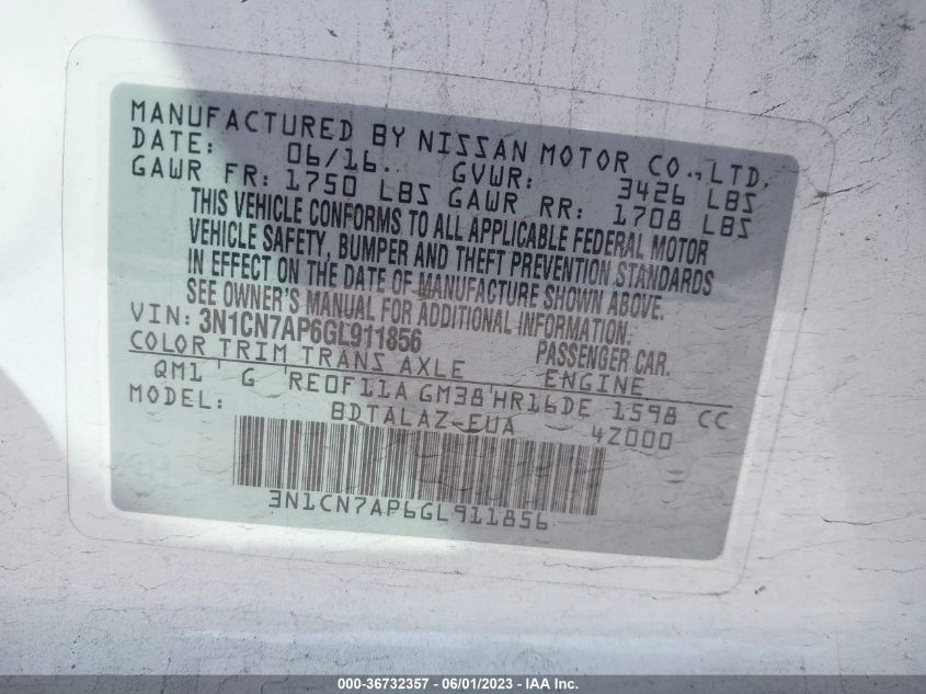2016 NISSAN VERSA S PLUS - 3N1CN7AP6GL911856