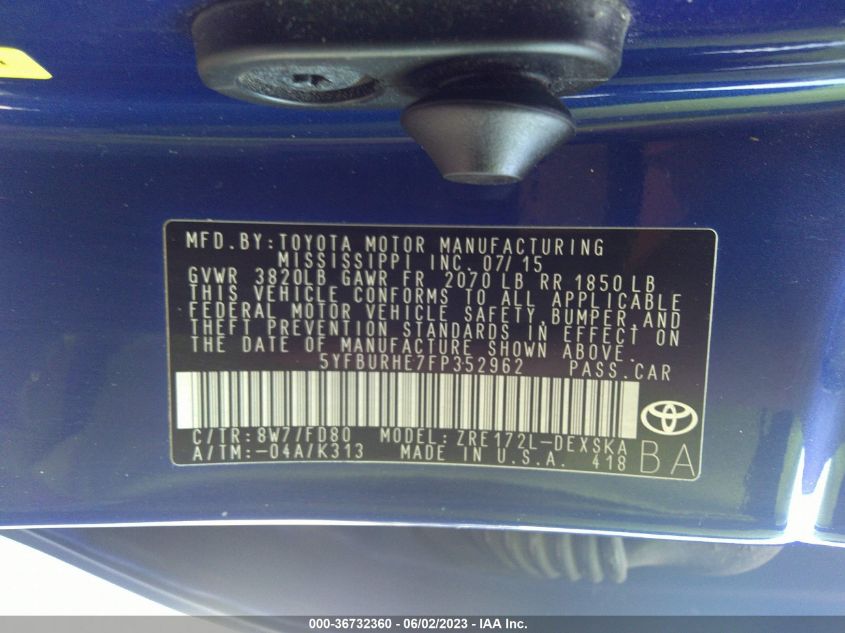 2015 TOYOTA COROLLA L/LE/S/S PLUS/LE PLUS - 5YFBURHE7FP352962