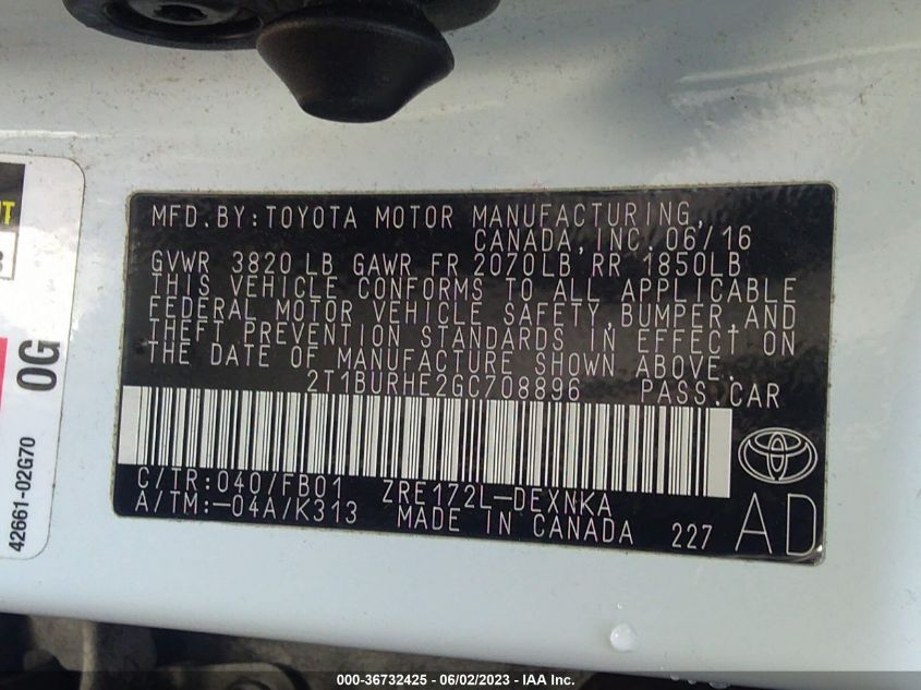 2016 TOYOTA COROLLA L/LE/S/S PLUS/LE PLUS - 2T1BURHE2GC708896