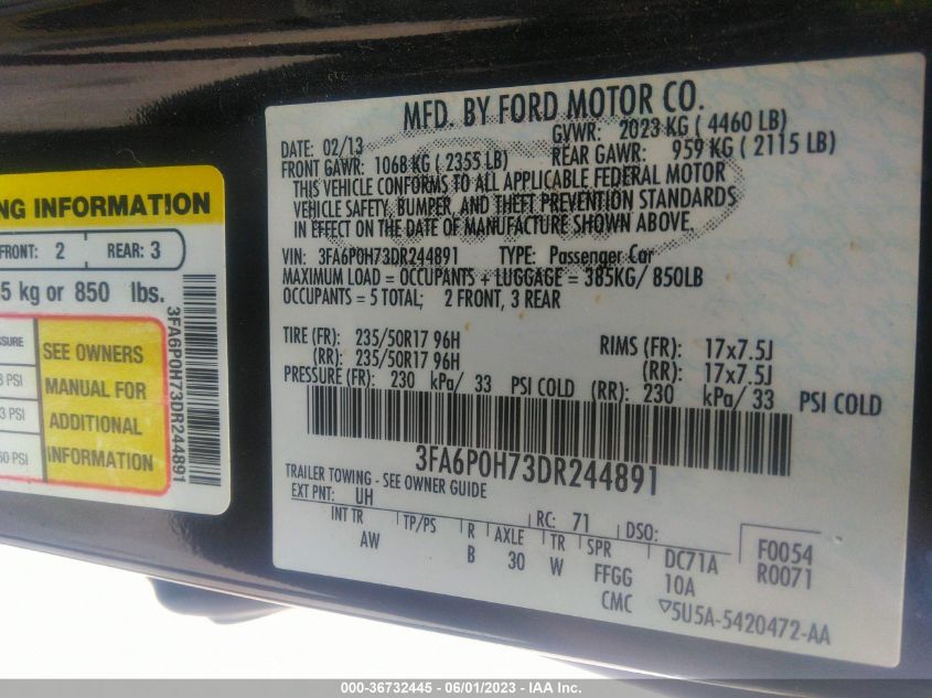 2013 FORD FUSION SE - 3FA6P0H73DR244891