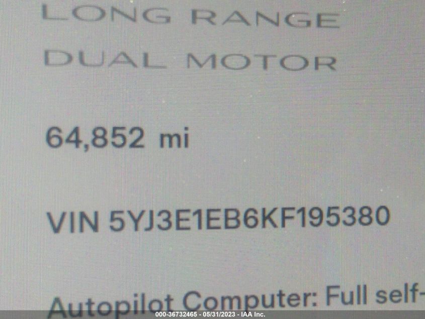 2019 TESLA MODEL 3 LONG RANGE/PERFORMANCE - 5YJ3E1EB6KF195380