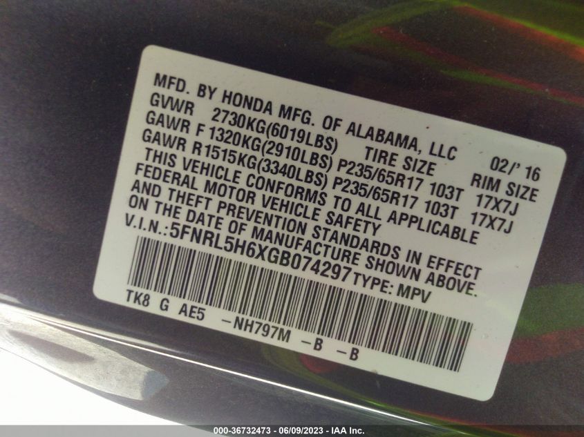 2016 HONDA ODYSSEY EX-L - 5FNRL5H6XGB074297