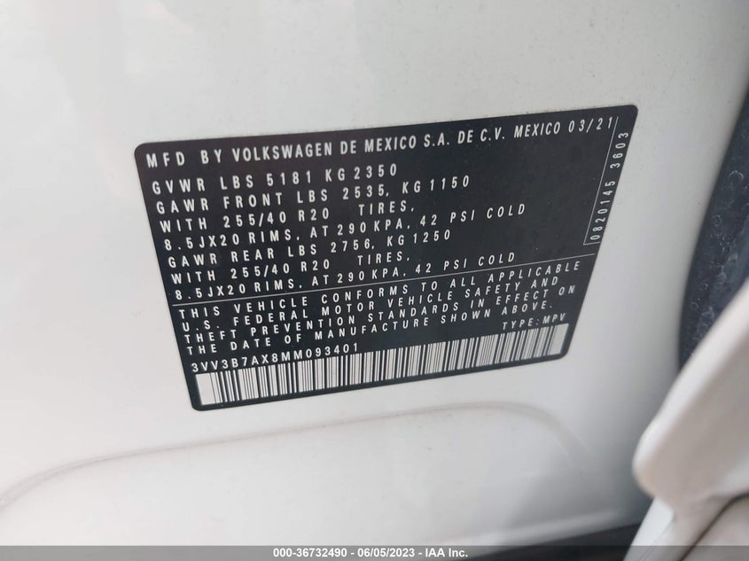 VIN 3VV3B7AX8MM093401 2021 VOLKSWAGEN TIGUAN SE/SE R-LINE BLACK/SEL