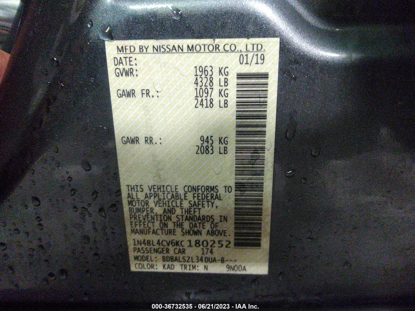 VIN 1N4BL4CV6KC180252 2019 NISSAN ALTIMA 2.5 SR