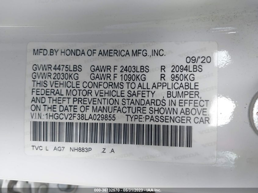 2020 HONDA ACCORD SEDAN SPORT - 1HGCV2F38LA029855