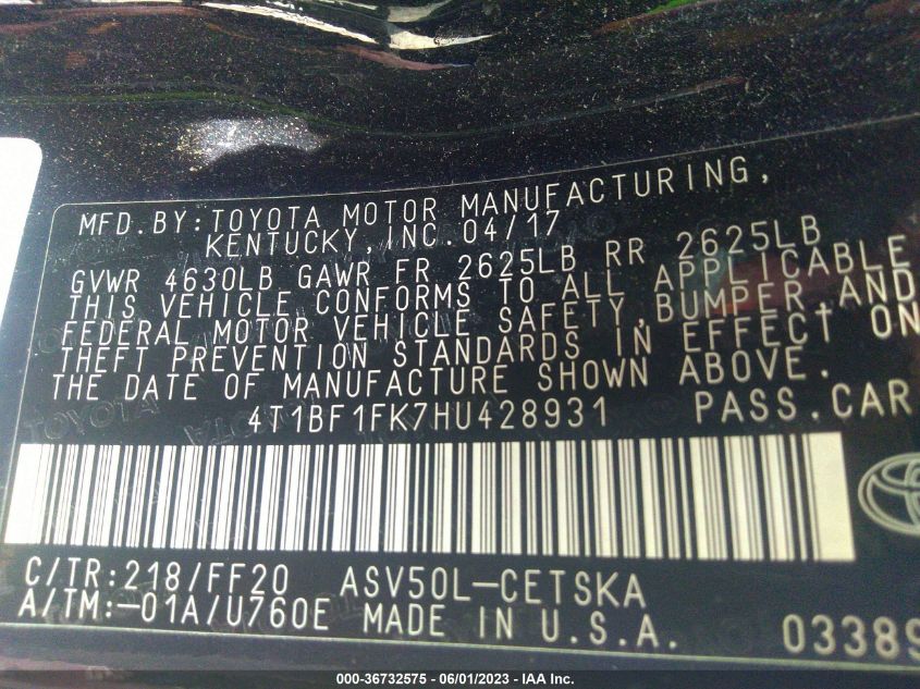 2017 TOYOTA CAMRY XLE/SE/LE/XSE - 4T1BF1FK7HU428931