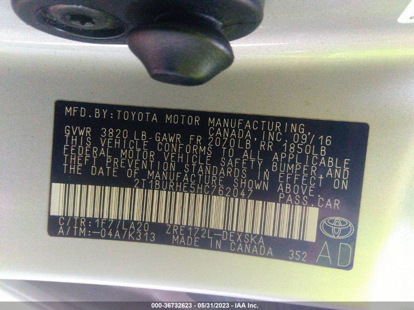 2017 TOYOTA COROLLA L/LE/XLE/SE - 2T1BURHE5HC762047