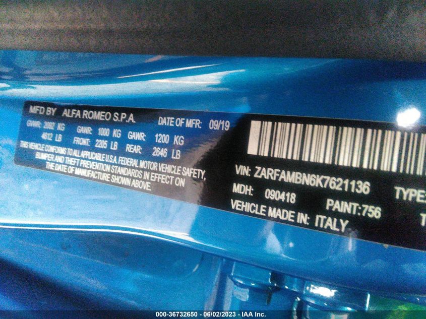 2019 ALFA ROMEO GIULIA TI SPORT - ZARFAMBN6K7621136