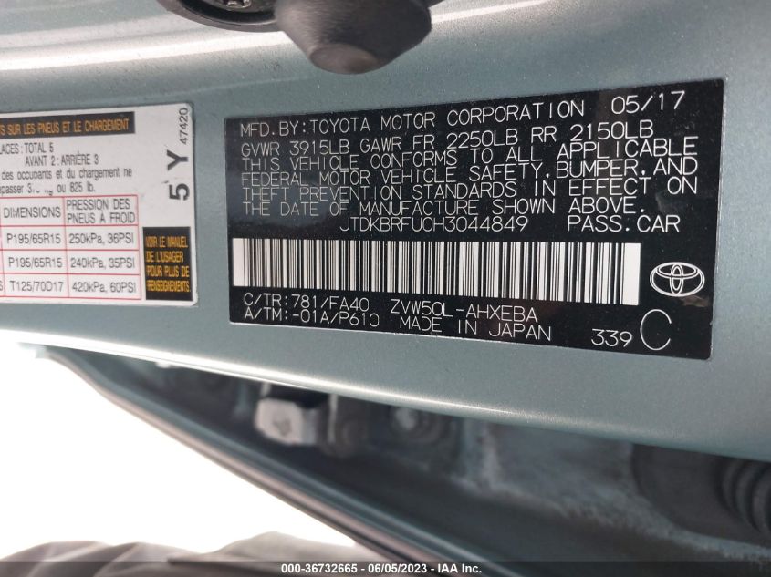 2017 TOYOTA PRIUS TWO/TWO ECO/THREE - JTDKBRFU0H3044849