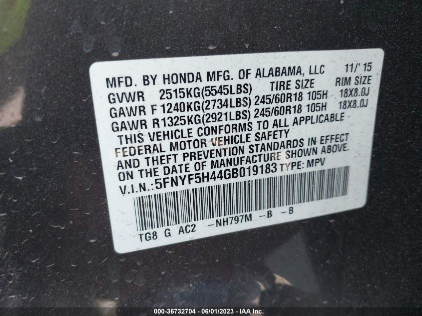 2016 HONDA PILOT EX - 5FNYF5H44GB019183