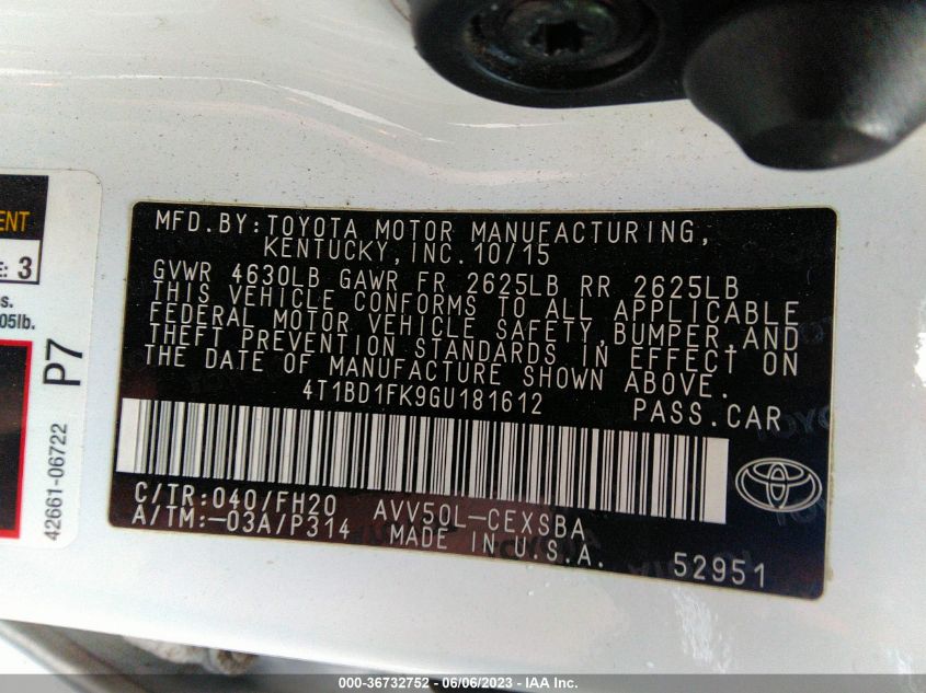 2016 TOYOTA CAMRY HYBRID LE/XLE/SE - 4T1BD1FK9GU181612