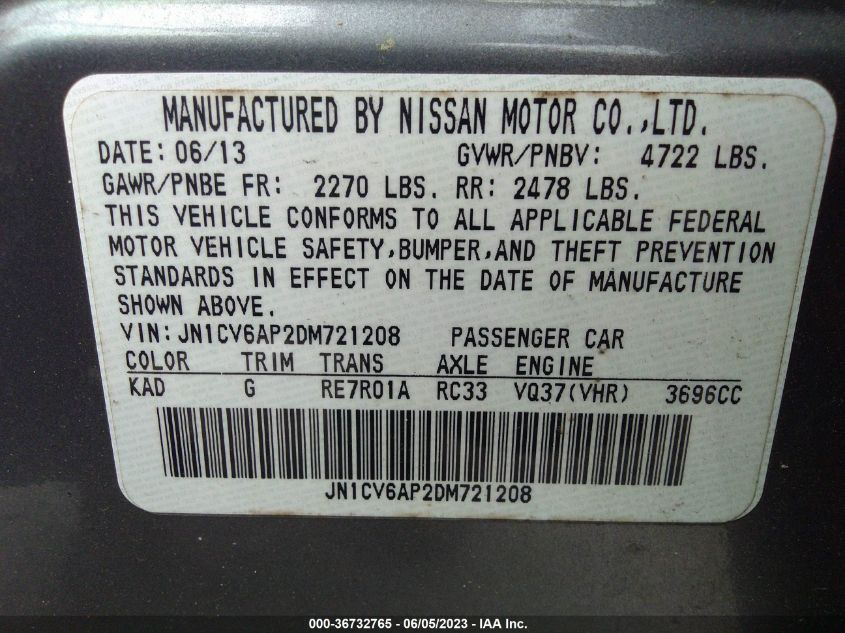 2013 INFINITI G37 SEDAN JOURNEY JN1CV6AP2DM721208