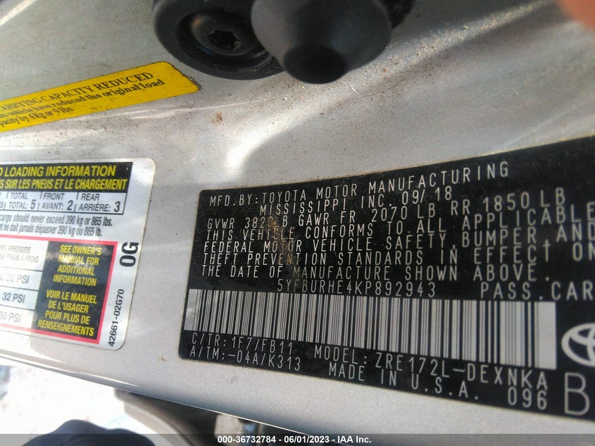 VIN 5YFBURHE4KP892943 2019 TOYOTA COROLLA L/LE/SE/XLE/XSE